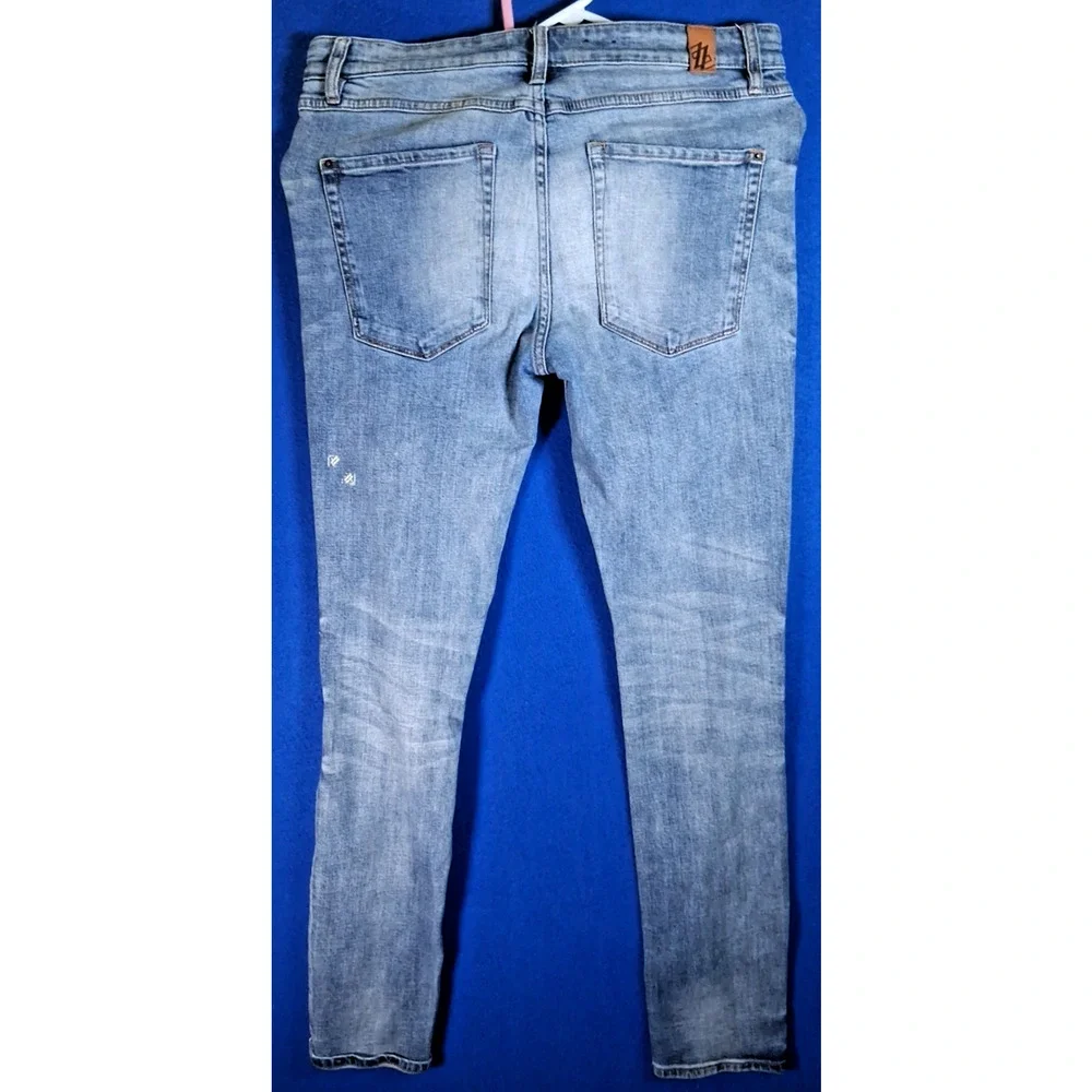 Shabaz Brothers Mens Skinny Jeans 34 Distressed Ripped Paint Splatter Blue Denim